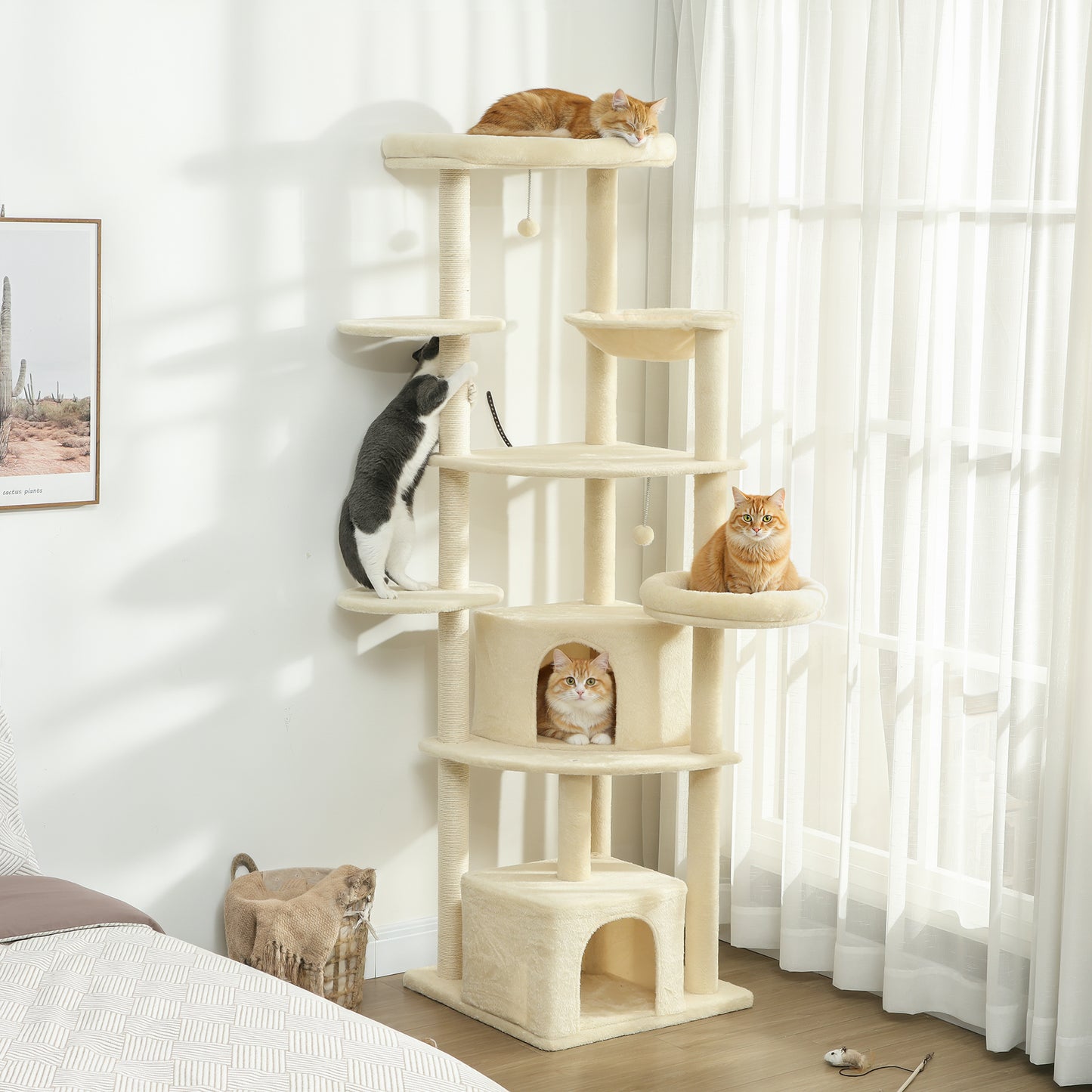 PawHut 2 Meter hoher Kratzbaum für 2-3 Katzen, Kratzpfosten, Höhlen, Hängematte, Verstecke, mehrstöckiges Design, Sisal, Holz, Plüsch, Beige