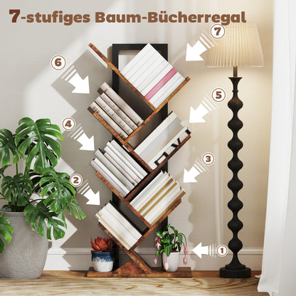 HOMCOM Bücherregal Standregal mit 7 Ebenen Schmal Regal im Baumform für Büro, Rustikal Braun