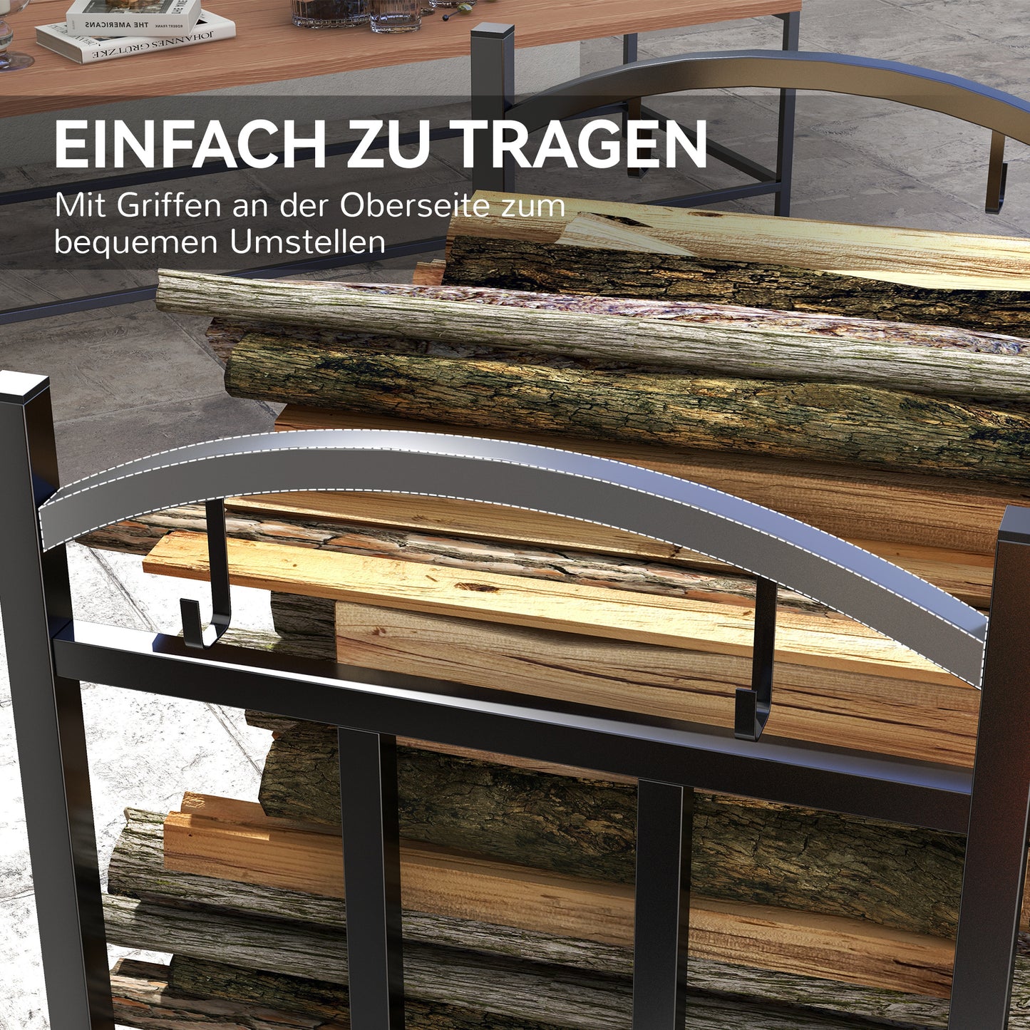 Outsunny Kaminholzregal för inomhus 46 x 32 x 126 cm 3 Ebenen Brennholzregal med 4 Haken Metall Schwarz