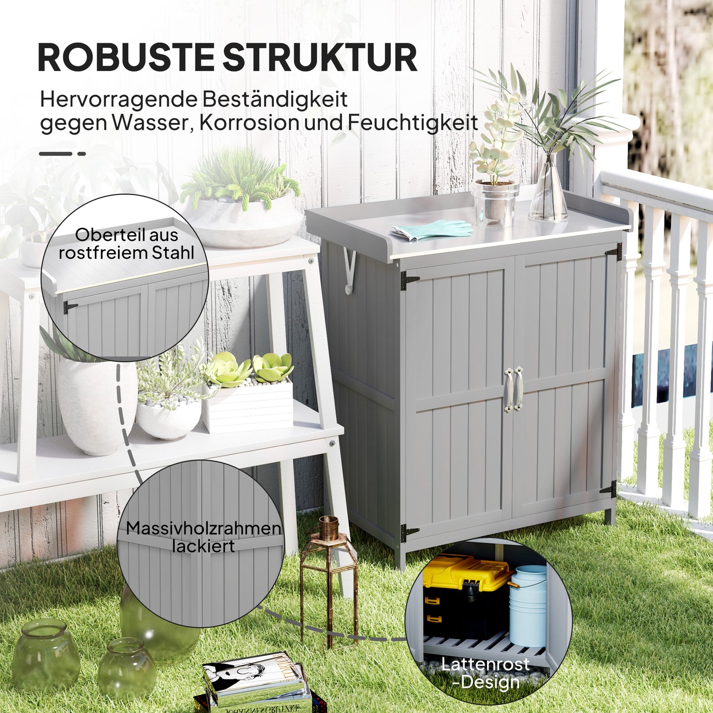 Outsunny Gartenschrank, Werkzeugschrank für den Außenbereich, mit Arbeitsfläche, Holz und Edelstahl, Doppeltüren, Grau