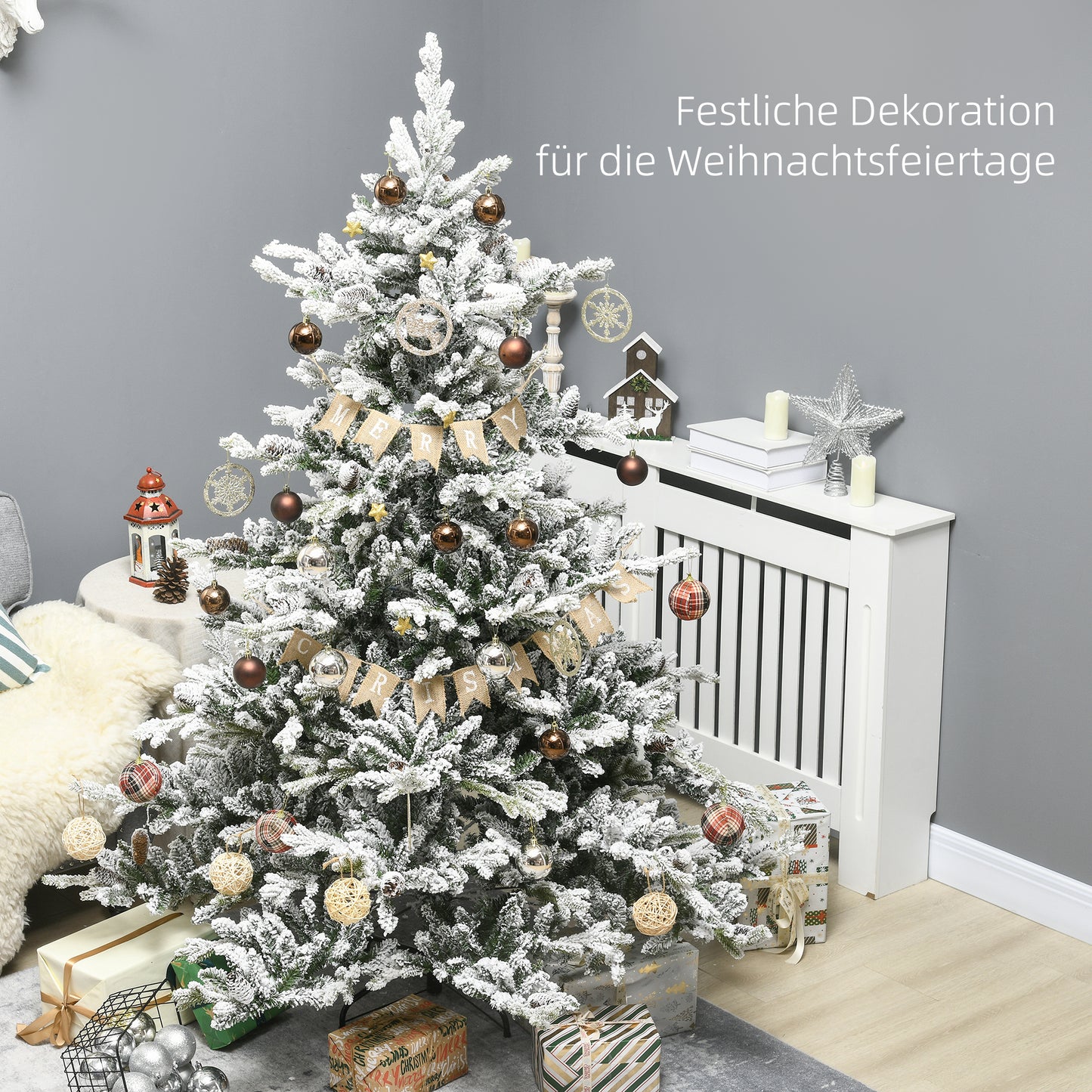 HOMCOM Weihnachtsbaum, Kunsttanne, 1,80m groß, üppige Form, realistisches Aussehen, schneebedeckte Zweige, Tannenzapfen