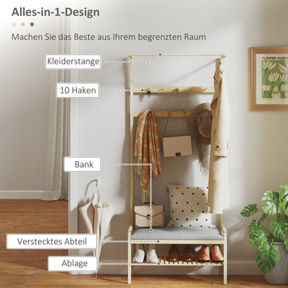 HOMCOM Garderobe mit Schuhbank, Kleiderstange, 10 Kleiderhaken, Schuhablage, Bambus