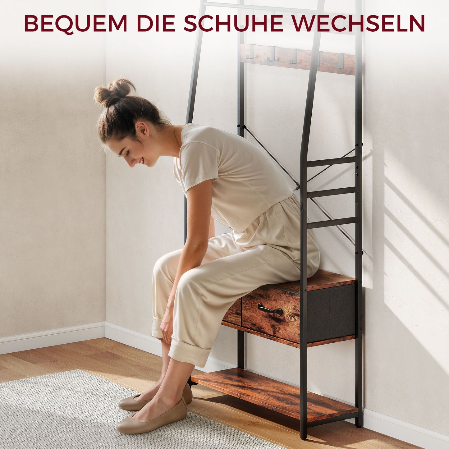 HOMCOM Garderobe mit Schuhregal, Mantelständer mit Sitzbank, 10 Haken, 2 Stoffschubladen, Kleiderstange, Spanplatte, Metall, Braun