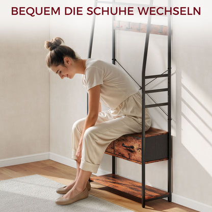 HOMCOM Garderobe mit Schuhregal, Mantelständer mit Sitzbank, 10 Haken, 2 Stoffschubladen, Kleiderstange, Spanplatte, Metall, Braun