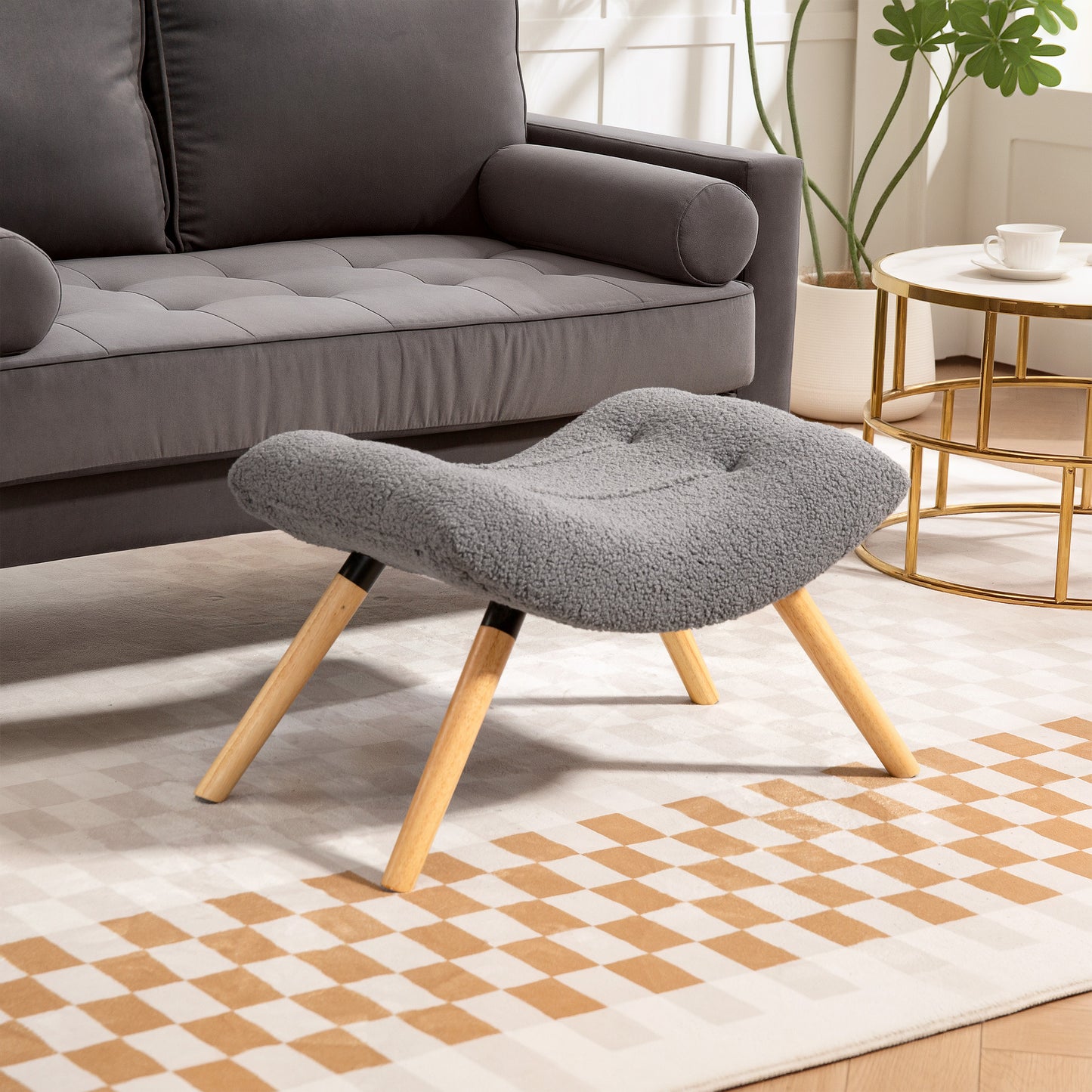 HOMCOM Moderner Fußhocker mit Fleece-Bezug und Holzbeinen, gepolstert, für Wohnzimmer, Schlafzimmer, Flur, Dunkelgrau