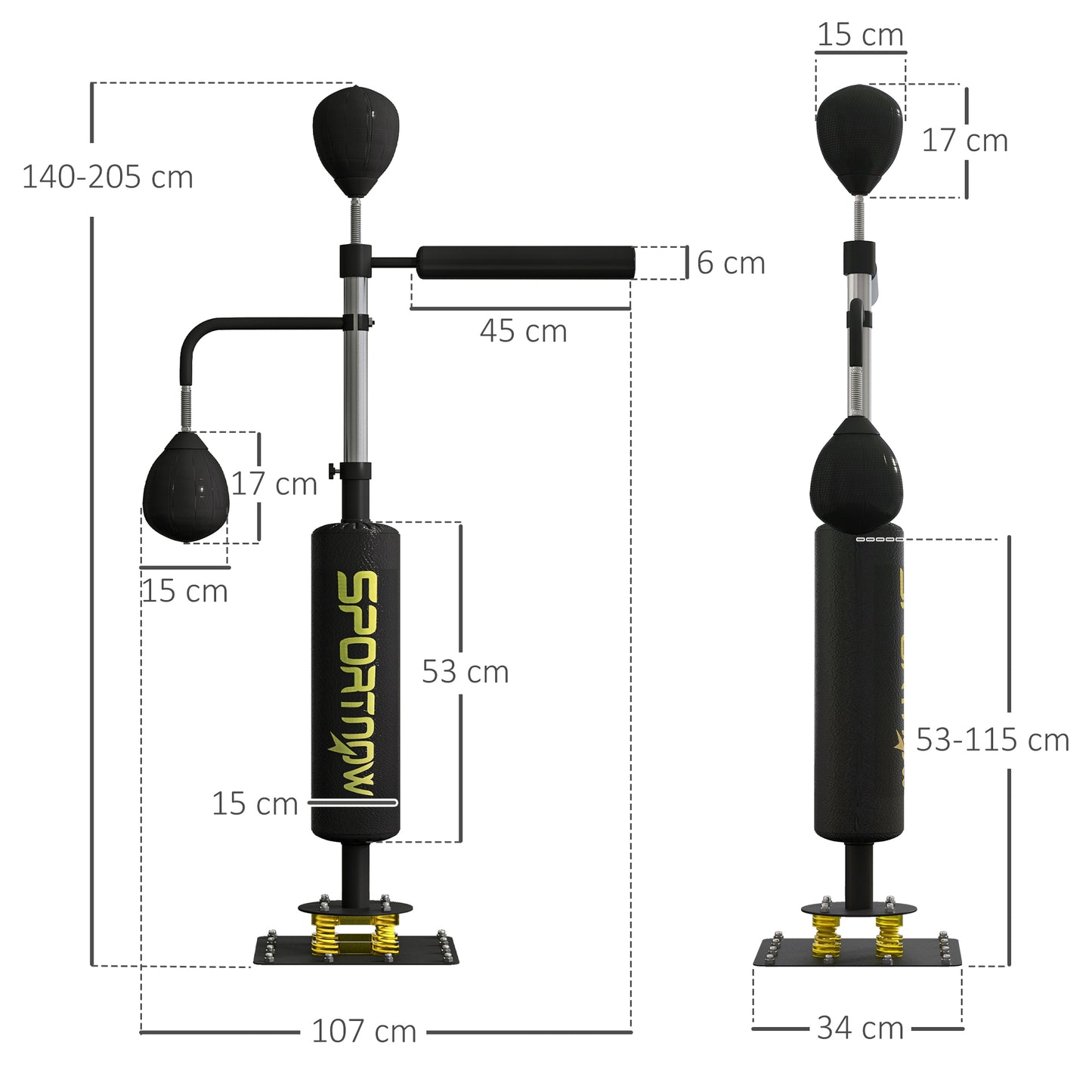 SPORTNOW Boxstand, zwei Speedballs, drehbare Boxstange, Kickpolster, höhenverstellbar, Stahl, 107 x 36 x 140-205 cm, Schwarz