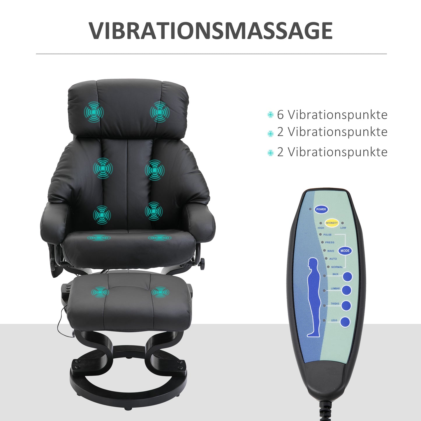 HOMCOM Massagesessel mit Fußhocker, 10 Vibrationspunkte, 145° verstellbare Rückenlehne, Schwarz