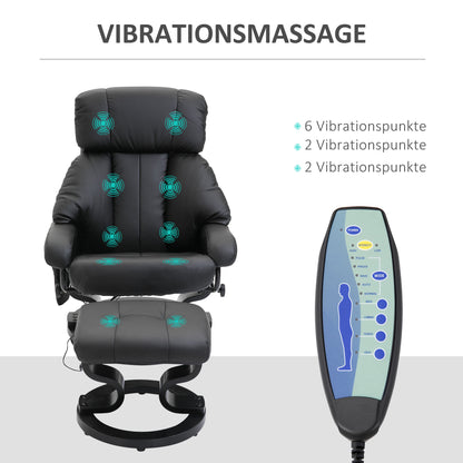 HOMCOM Massagesessel mit Fußhocker, 10 Vibrationspunkte, 145° verstellbare Rückenlehne, Schwarz