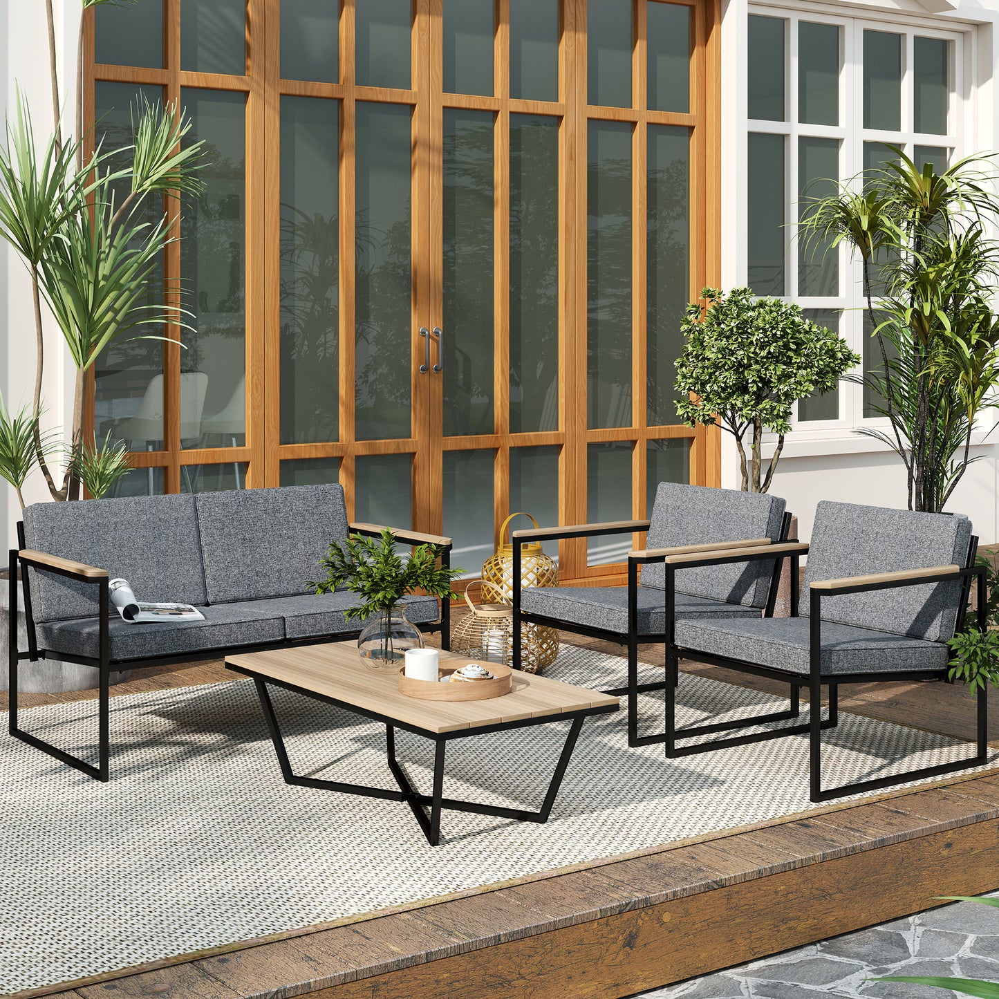 Outsunny Gartenmöbel Set 4 Personen wetterfest Balkonmöbel-Set mit 2er Sofa, 2 Stühle Sitzkissen Beistelltisch Grau