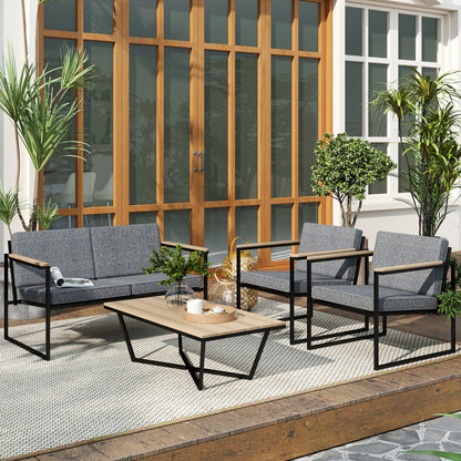 Outsunny Gartenmöbel Set 4 Personen wetterfest Balkonmöbel-Set mit 2er Sofa, 2 Stühle Sitzkissen Beistelltisch Grau