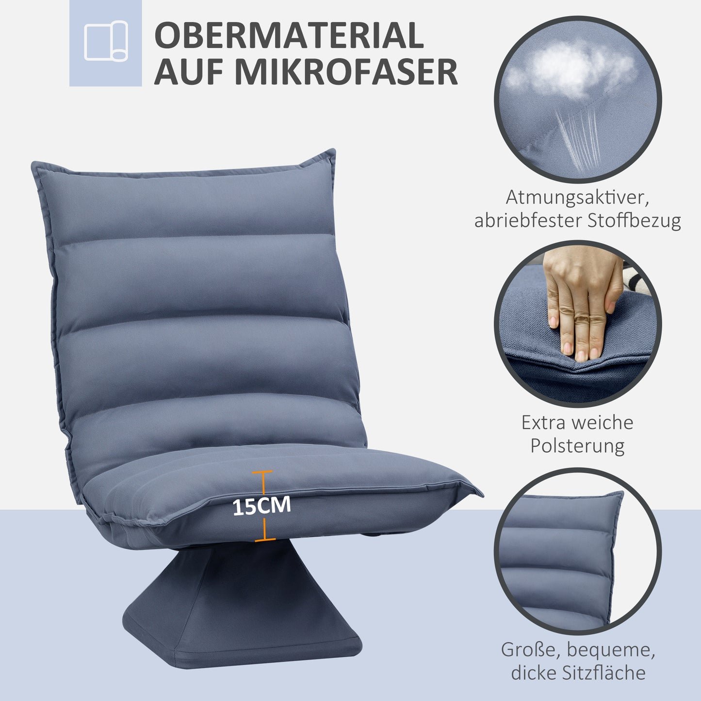 HOMCOM Sessel, drehbar, neigbare Rücklehne, Lederoptik, Stahlrahmen, grau, 62 x 70 x 95 cm