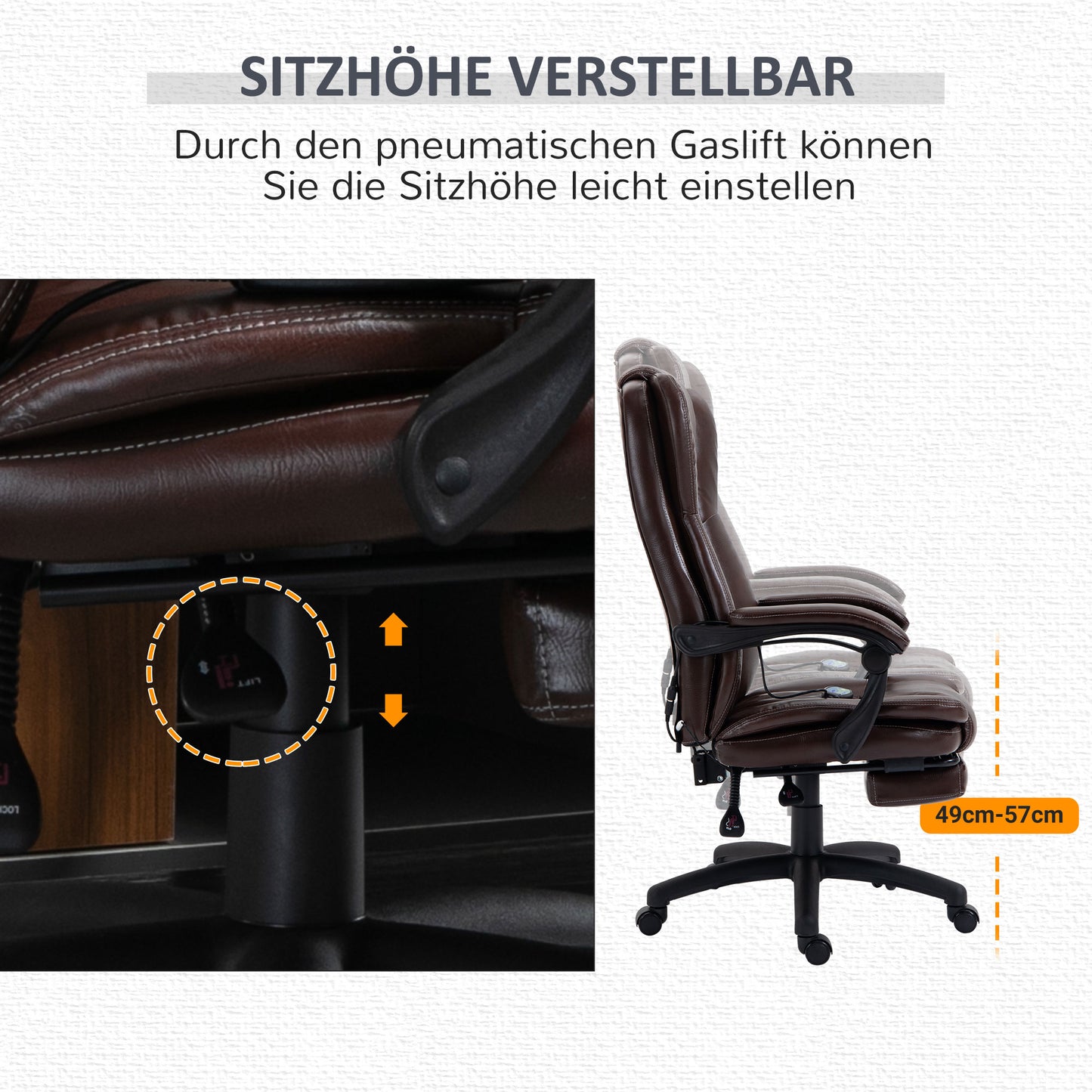 Vinsetto Verstellbarer Drehstuhl mit Fußstütze, Kopfstütze, Massagefunktion, Kunstleder, 68,5x68,5x113-121cm, Braun