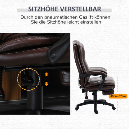 Vinsetto Verstellbarer Drehstuhl mit Fußstütze, Kopfstütze, Massagefunktion, Kunstleder, 68,5x68,5x113-121cm, Braun