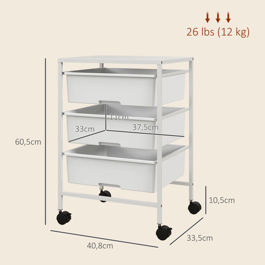 HOMCOM Beistellwagen mit Rädern, 3 Körbe für Transport und Aufbewahrung, Küchenwagen, 40,8L x 33,5B x 60,5H cm, Weiß