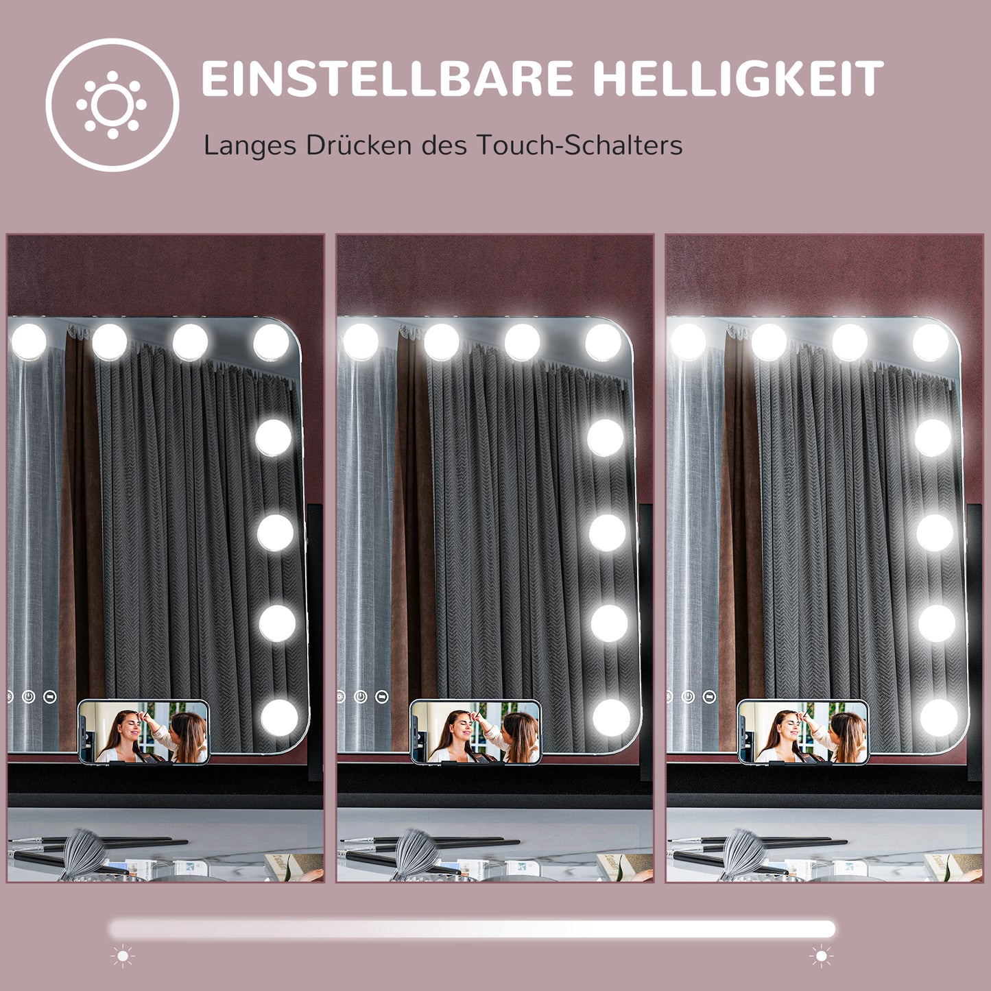 HOMCOM LED Kosmetikspiegel, 3 Lichtmodi, dimmbar, Touchsteuerung, USB, 62,5x49,5cm, Schwarz