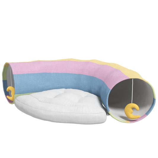 PawHut Katzentunnel Katzenspielzeug, 2 Spielzeuge, 1 Liegepolster, verspieltes Design, 105 cm x 65 cm x 28 cm, Mehrfarbig