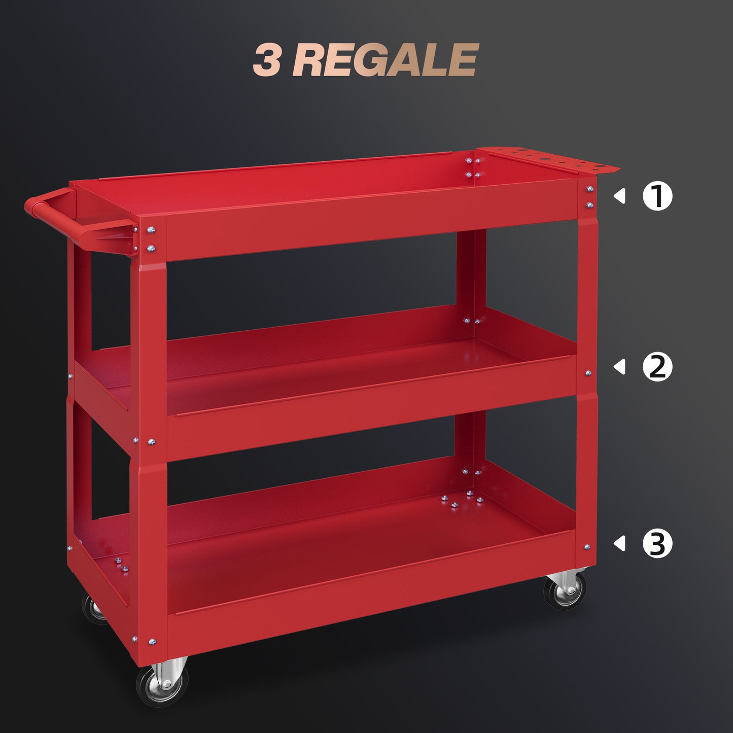 DURHAND 3-stufiger Werkzeugwagen, 4 Rollen, Stahl, 83B x 35,3T x 76H cm, Rot