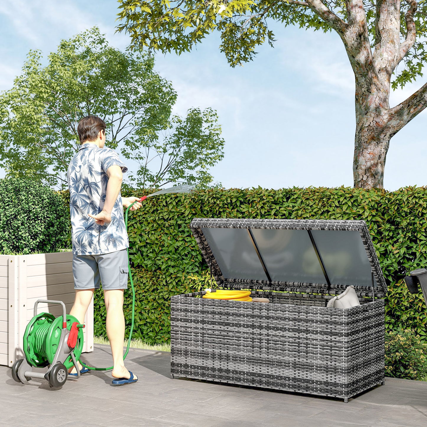 Outsunny Rattan Auflagenbox 380L vattenfest Kissenbox mit Deckel Staurum UV-beständig 130 x 61 x 65 cm Dunkelgrau