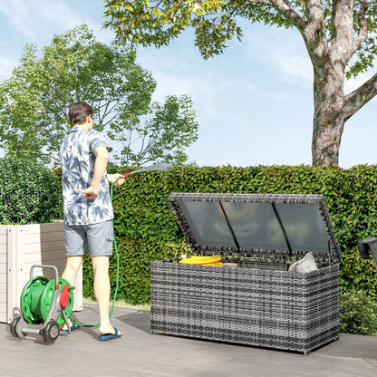 Outsunny Rattan Auflagenbox 380L vattenfest Kissenbox mit Deckel Staurum UV-beständig 130 x 61 x 65 cm Dunkelgrau