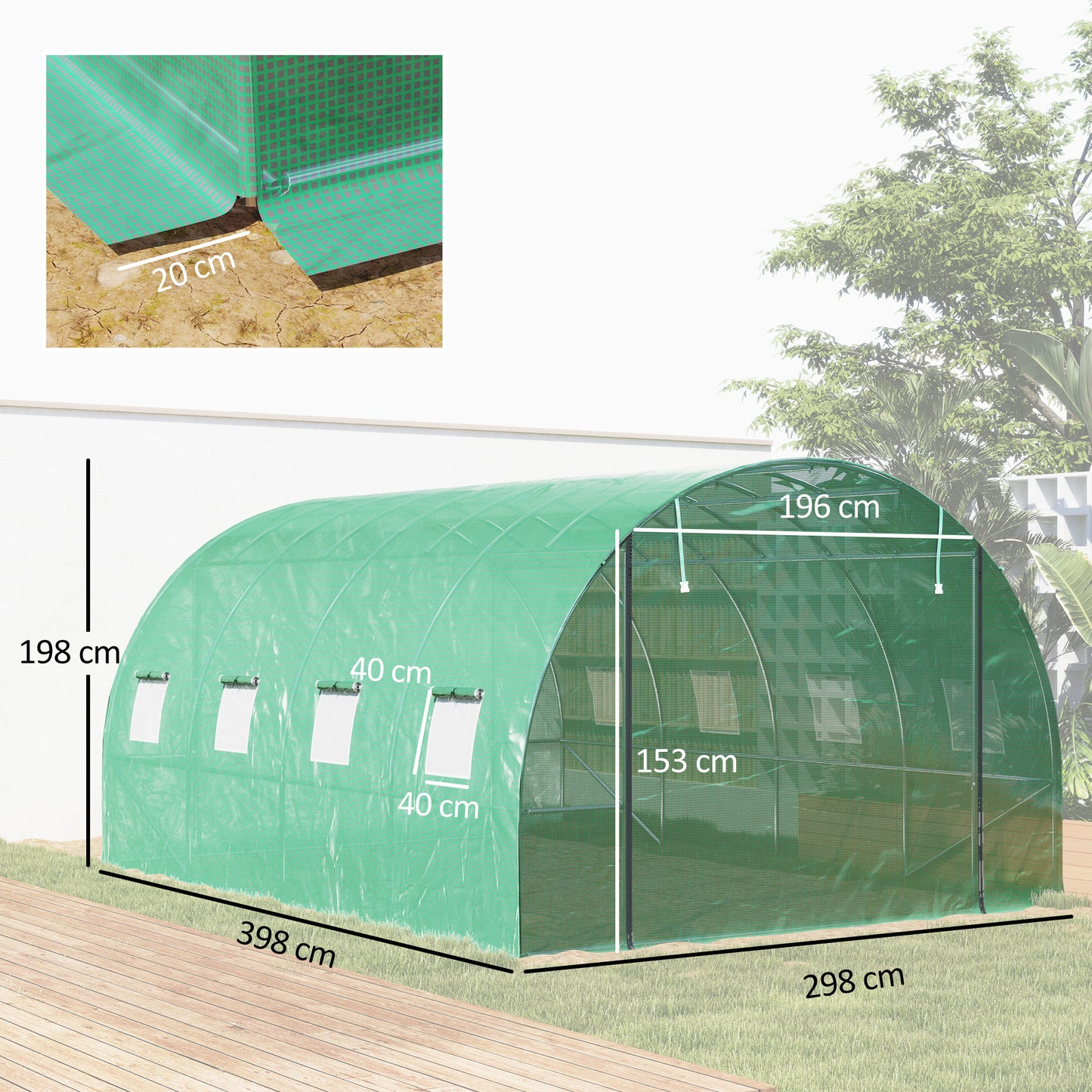 Outsunny Polytunnel Gewächshaus mit Kunststoff-Abdeckung und Stahlrahmen, begehbares Gewächshauszelt mit Rolltüren, Grün