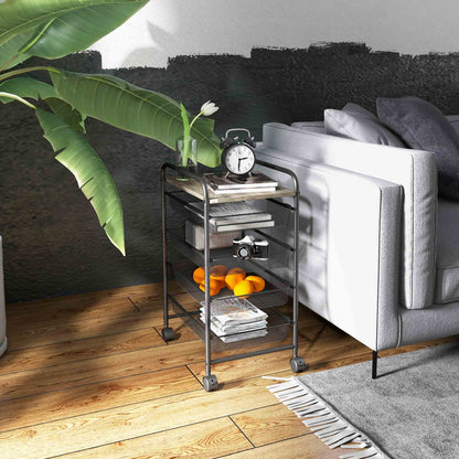 HOMCOM Rollwagen mit 4 Körben, Küchenwagen, 4 Räder mit 2 Bremsen, Allzweckwagen, Schwarz, 41,5 x 31 x 66 cm