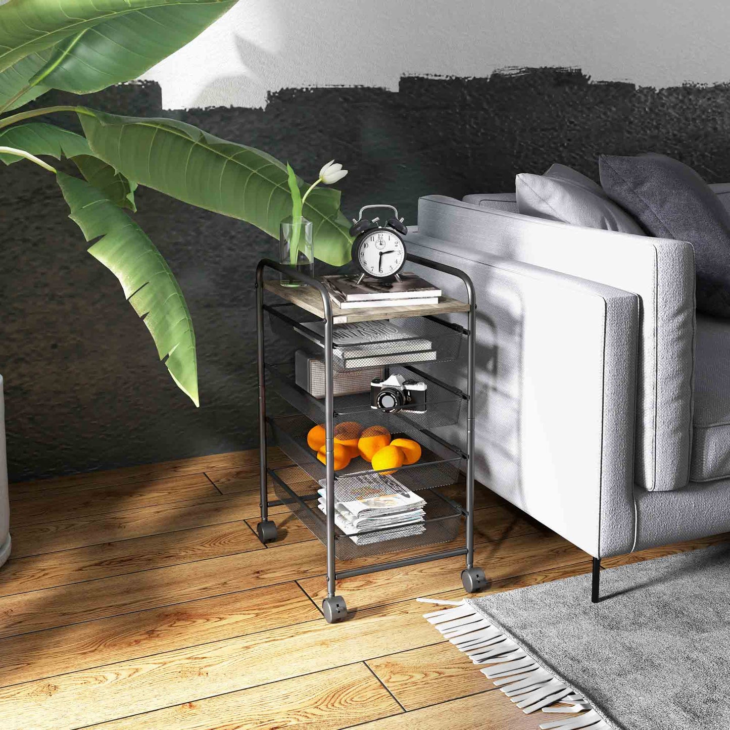 HOMCOM Rollwagen mit 4 Körben, Küchenwagen, 4 Räder mit 2 Bremsen, Allzweckwagen, Schwarz, 41,5 x 31 x 66 cm