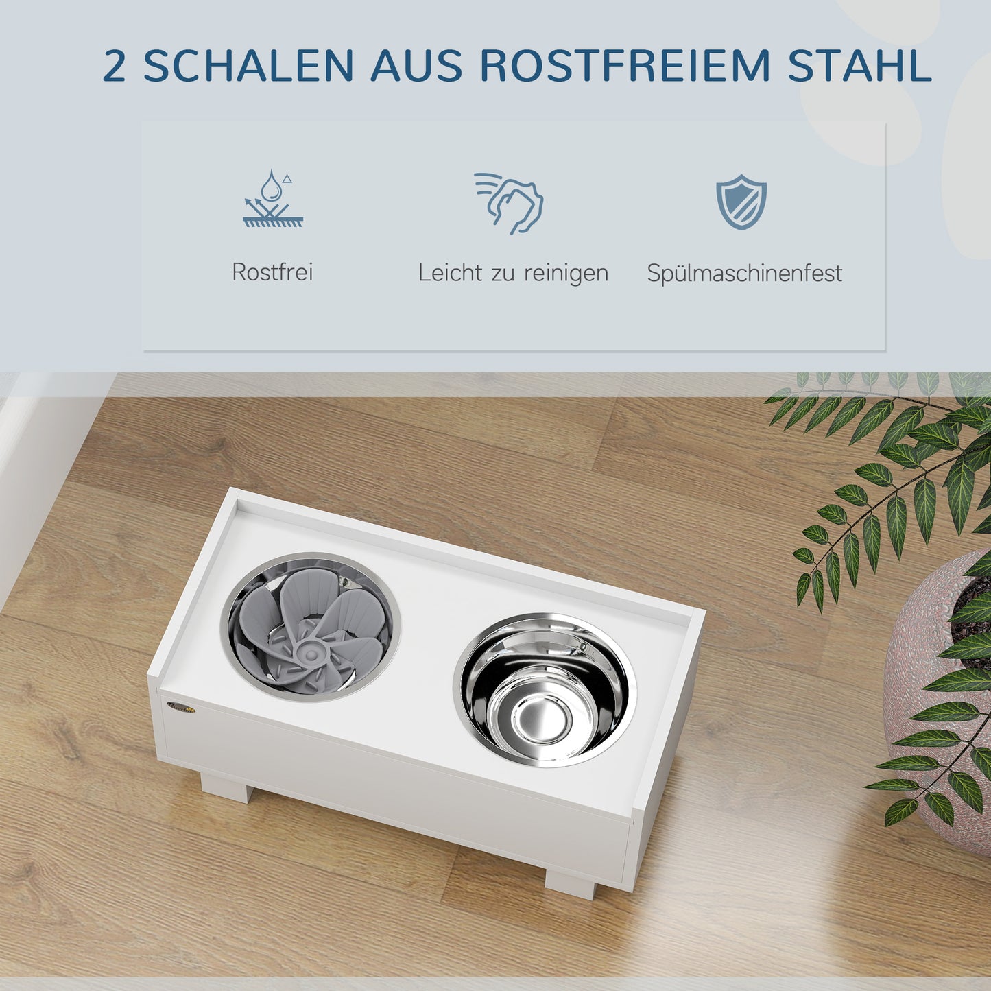 PawHut Erhöhte Fütterungsstation für Hunde, mit abnehmbarer Slow-Feeder-Matte, 2 Aluminiumschüsseln, Staurum, Weiß