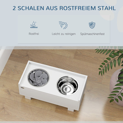 PawHut Erhöhte Fütterungsstation für Hunde, mit abnehmbarer Slow-Feeder-Matte, 2 Aluminiumschüsseln, Staurum, Weiß