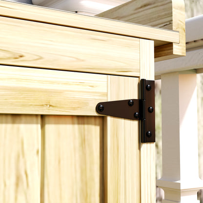 Outsunny Gartenschrank, Werkzeugschrank für den Außenbereich, mit Arbeitsfläche, Holz und Edelstahl, Doppeltüren, Naturholz