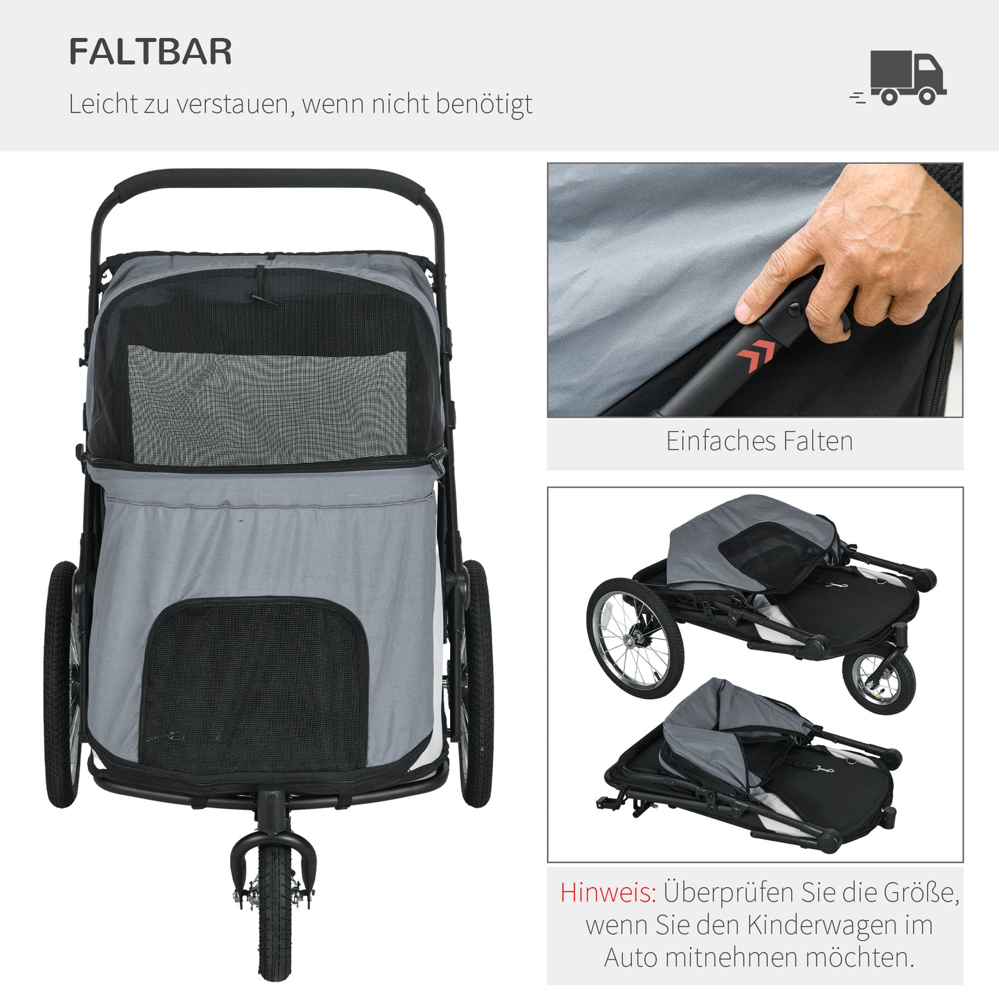 PawHut Hundebuggy, faltbar, aufklappbar, Liegekissen, Stahlrahmen, Grau/Schwarz