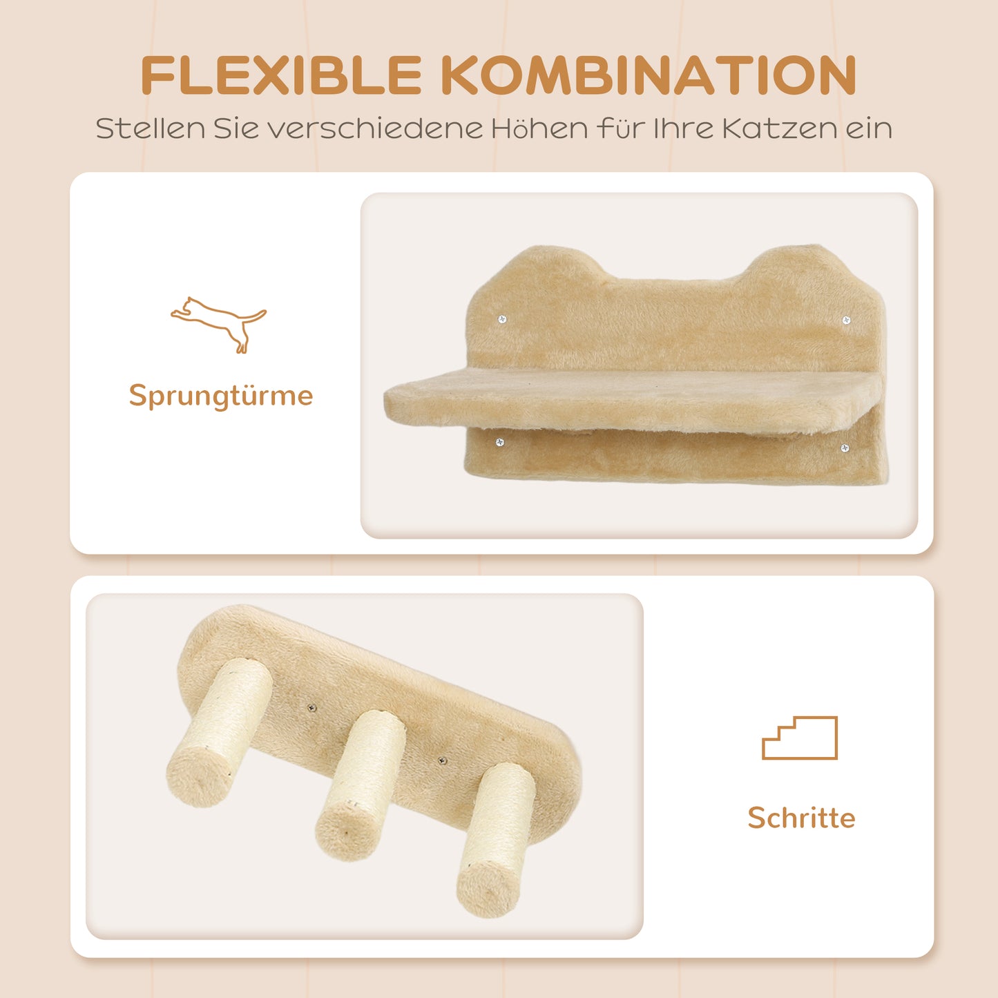 PawHut Katzentreppen-Set, Wand- och Deckenmontage, för Katzen till 5 kg, Beige