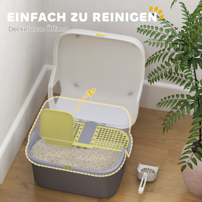 PawHut Katzentoilette, Katzenklo mit Deckel und Schaufel, leicht zu reinigen, verschließbar, Weiß