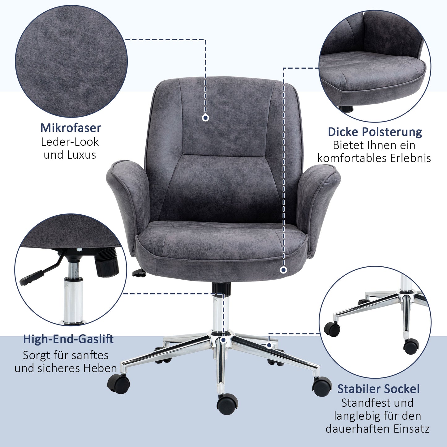 Vinsetto Bürostuhl, Schreibtischstuhl, höhenverstellbar, Wippfunktion, drehbar, Stahl, dunkelgrau, 67 x 69 x 102cm