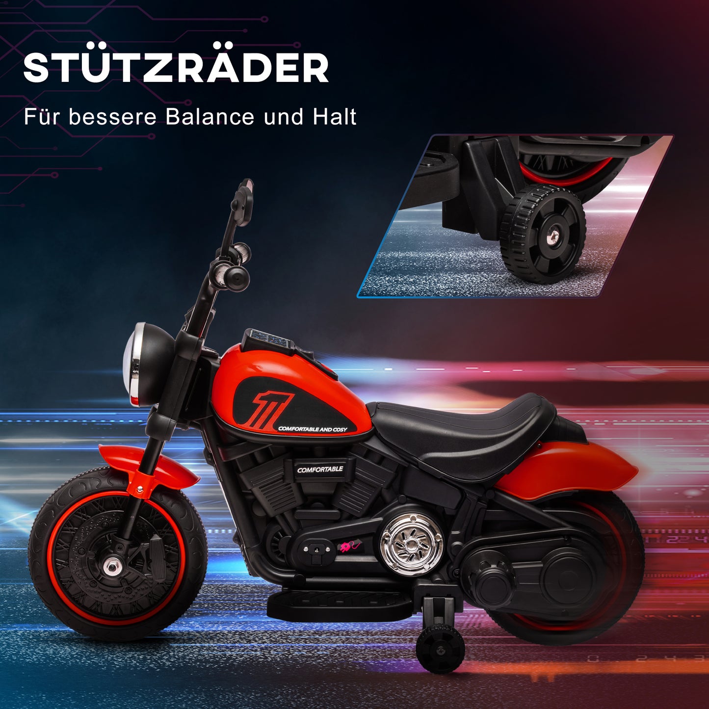 HOMCOM Elektro-Kindermotorrad mit Scheinwerfer, abnehmbare Stützräder, 76x42x57 cm, Rot/Schwarz