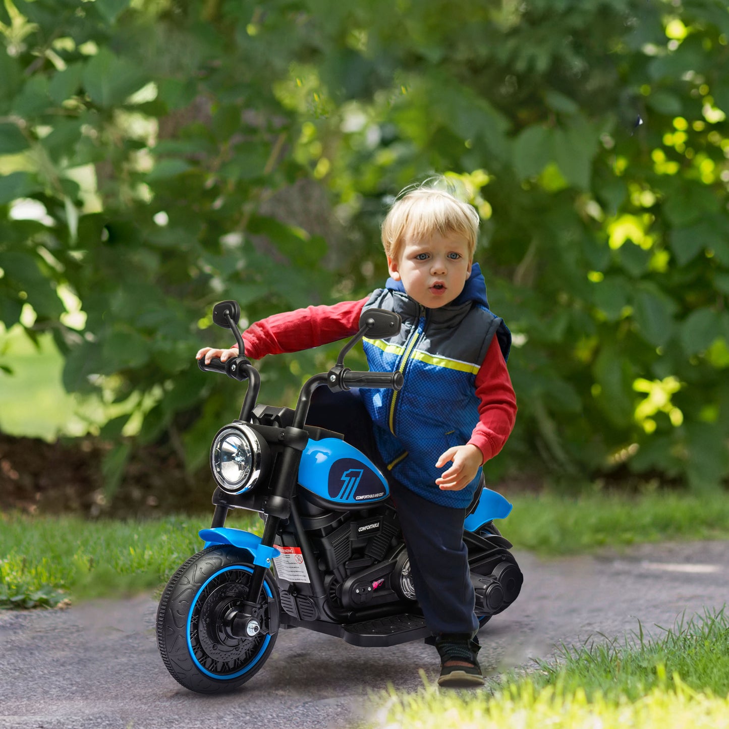 HOMCOM Elektrisches Kindermotorrad, Elektrisches Kinderfahrzeug, mit Scheinwerfer, 3 km/h, Blau + Schwarz