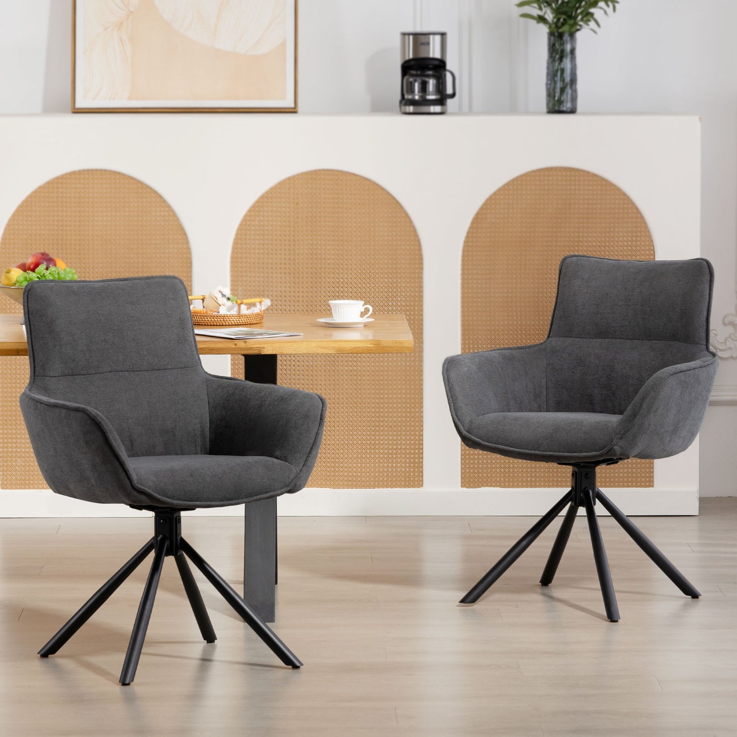 HOMCOM 2er-Set Esszimmerstühle, drehbar, weich gepolstert, Armlehnen, Metallbeine, Dunkelgrau