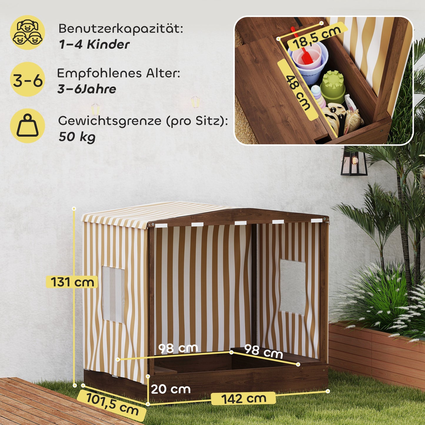 AIYAPLAY Sandkasten, Sandkiste mit Vordach und Netztür, Sitzbänke, Bodenschutz, Braun