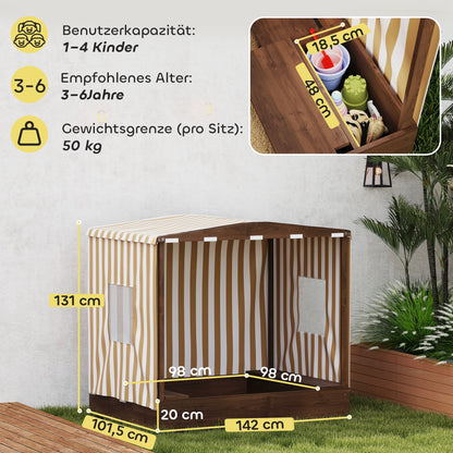 AIYAPLAY Sandkasten, Sandkiste mit Vordach und Netztür, Sitzbänke, Bodenschutz, Braun