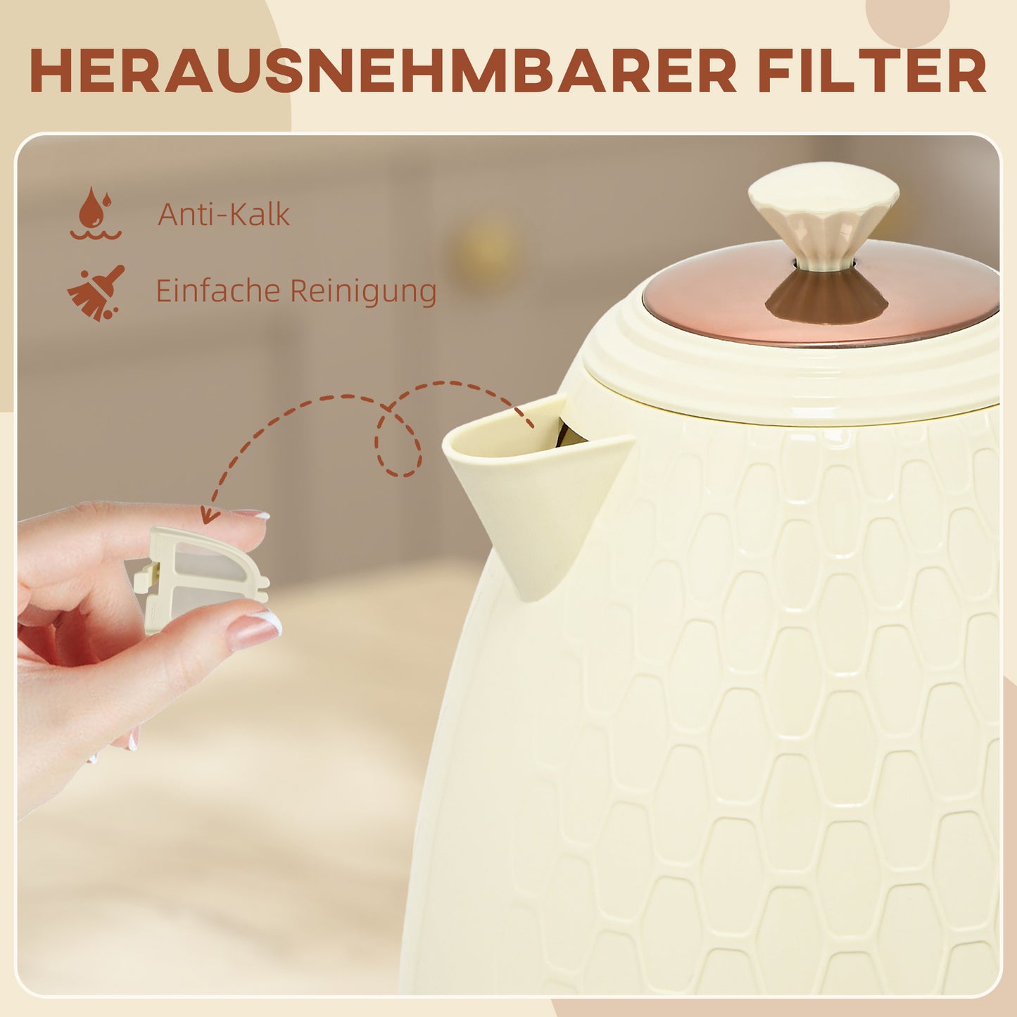 HOMCOM Wasserkocher, 2200W, Sichtfenster, Filter, Schnellkocher, Beige