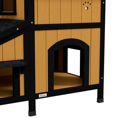 PawHut Katzenhaus Katzenhütte Katzenhöhle, inkl. Blumenkasten, 96 cm x 65 cm x 85,5 cm, Gelb + Weiß + Schwarz