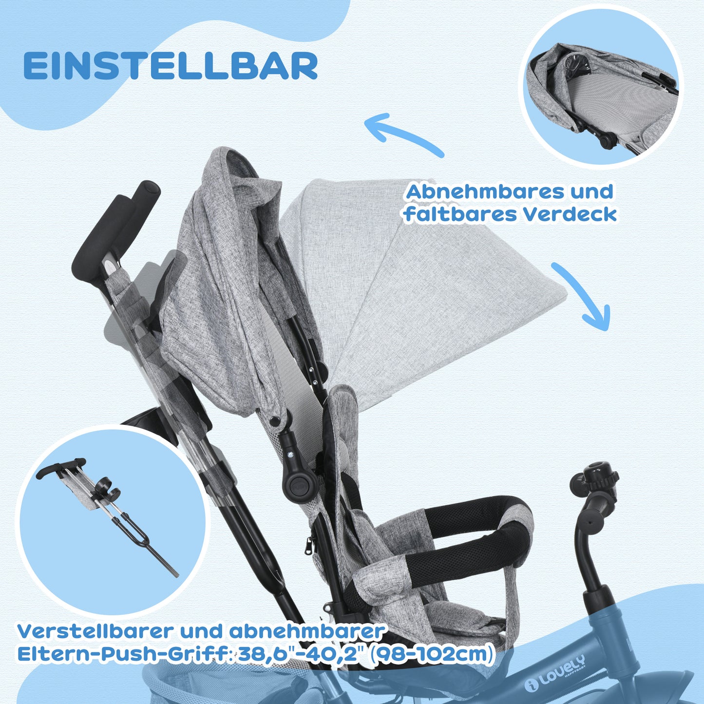 HOMCOM Kinder-Dreirad, Kinderfahrrad, Rückenkorb, Becherhalter, Sonnendach, Metall, Grau