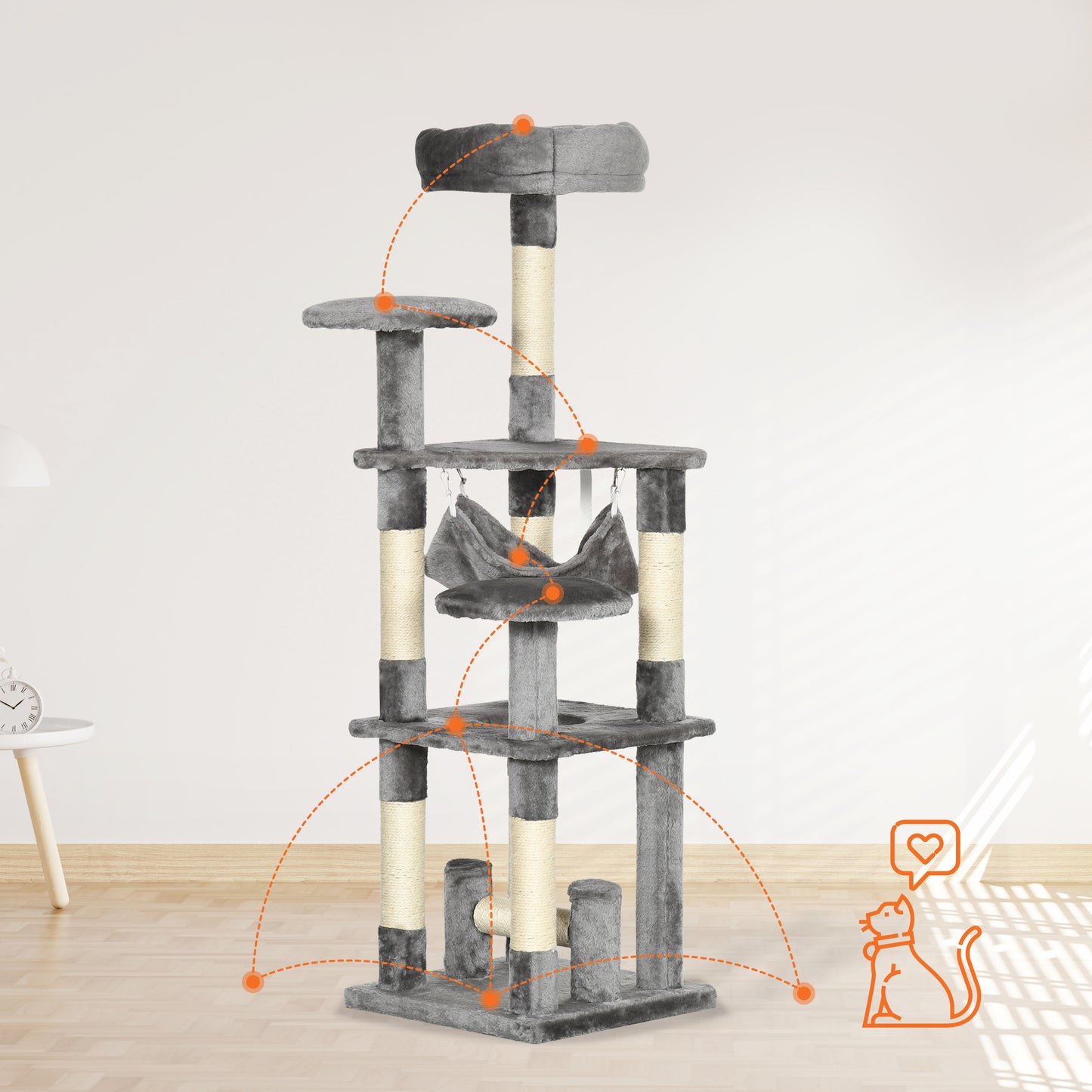 PawHut Katzenbaum Katzenkratzbaum Katzenspielturm Katzen Kletterbaum Kratzbaum Hängematte Grau L40 x B40 x H132 cm