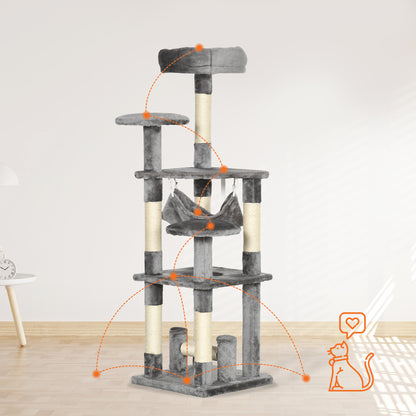 PawHut Katzenbaum Katzenkratzbaum Katzenspielturm Katzen Kletterbaum Kratzbaum Hängematte Grau L40 x B40 x H132 cm