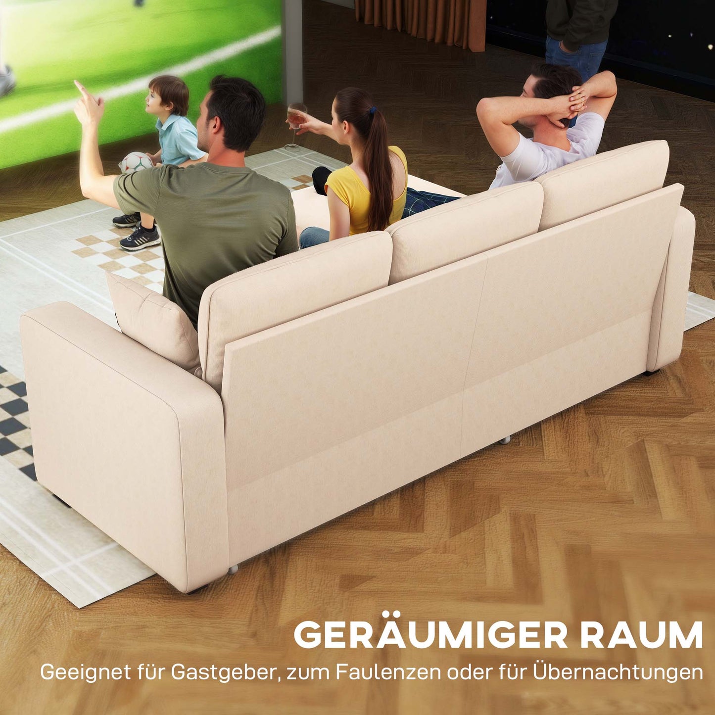 HOMCOM Verstellbares Bettsofa, L-förmiges Gästesofa mit Bettfunktion, Stauraum, Kissen, für Wohnzimmer, Gästezimmer, Beige