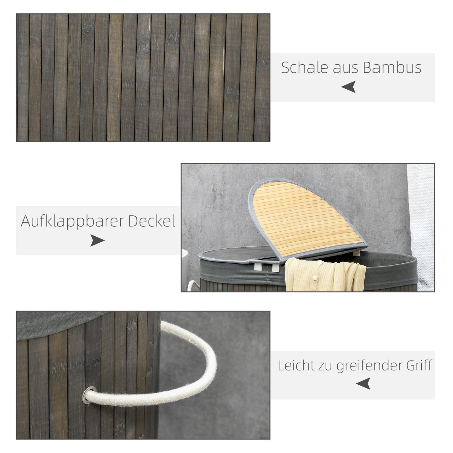 HOMCOM 100 L Wäschekorb mit Deckel, Griff, 2 Abschnitte, herausnehmbarer Wäschesack, für Schlafzimmer, Badezimmer, Bambus, Grau