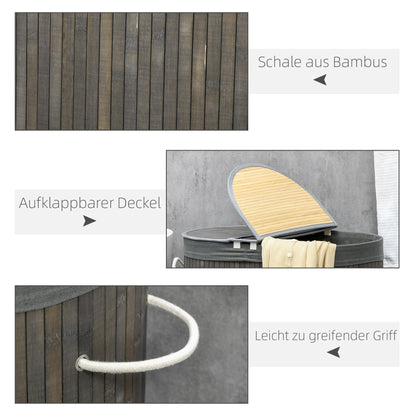 HOMCOM 100 L Wäschekorb mit Deckel, Griff, 2 Abschnitte, herausnehmbarer Wäschesack, für Schlafzimmer, Badezimmer, Bambus, Grau