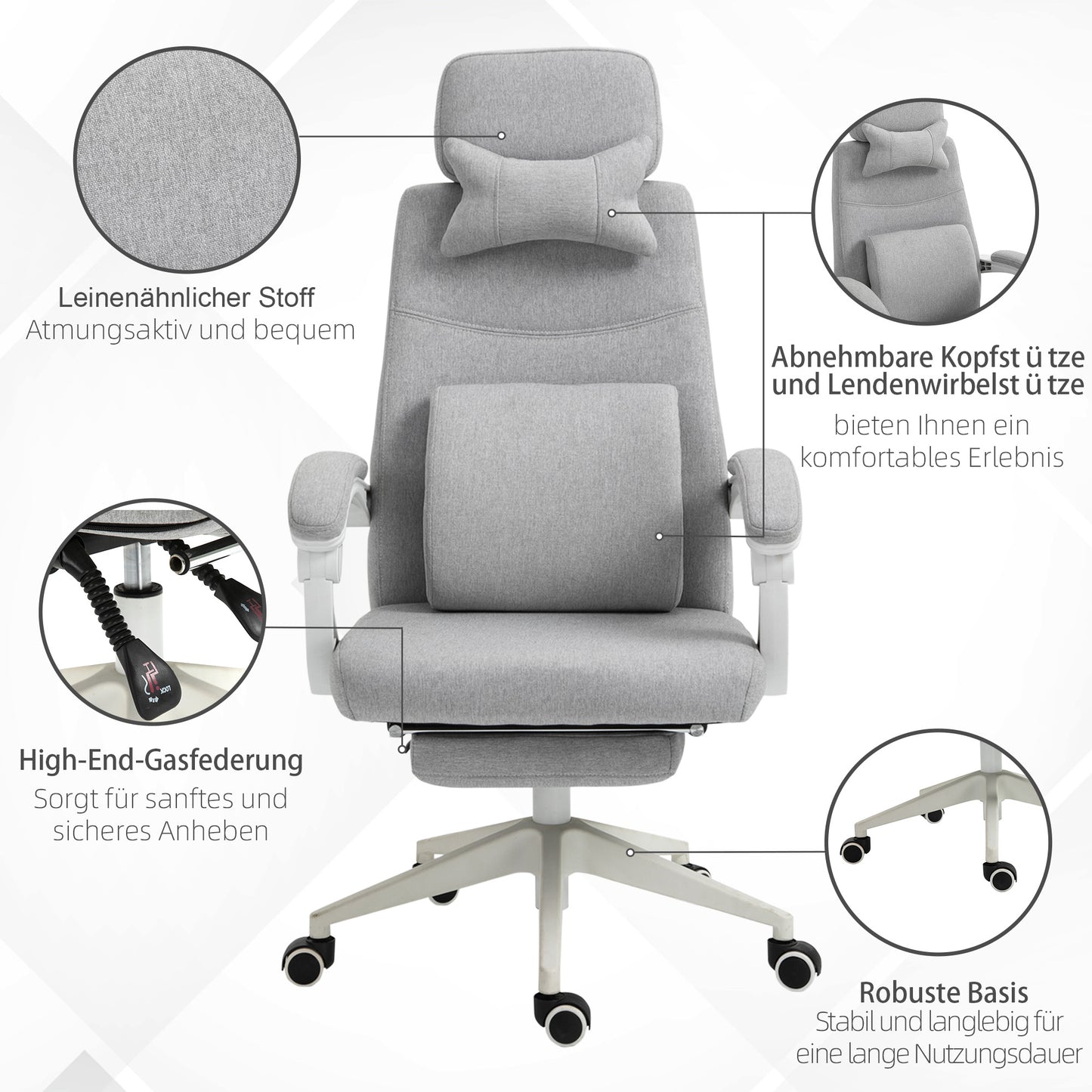 Vinsetto Bürostuhl, Ergonomischer Schreibtischstuhl mit Kopfkissen, Lendenkissen, höhenverstellbar Gamingstuhl mit Fußstütze, hoher Rückenlehne, Grau 62 x 68 x 117-127 cm