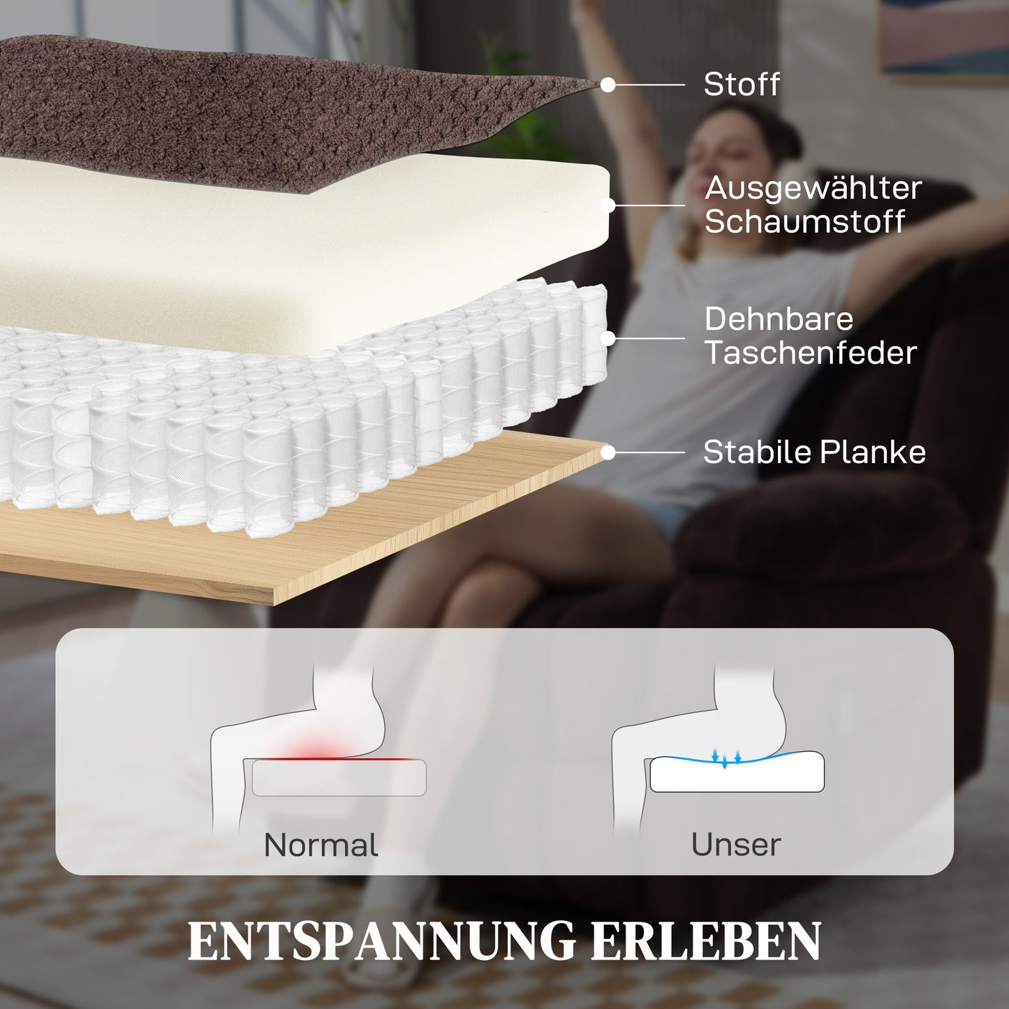 HOMCOM Massage-Sessel, 8 Vibrationspunkte, 5 Modi, Lendenheizung, verstellbar, drehbar, Polstersessel, Braun