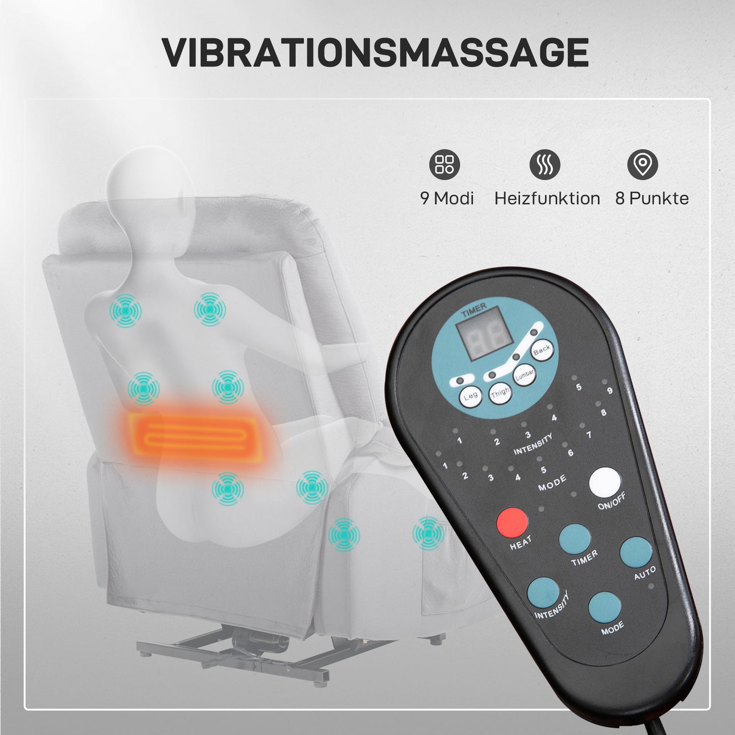 HOMCOM Aufstehsessel mit Massagefunktion, 90x93x110cm, Hellgrau