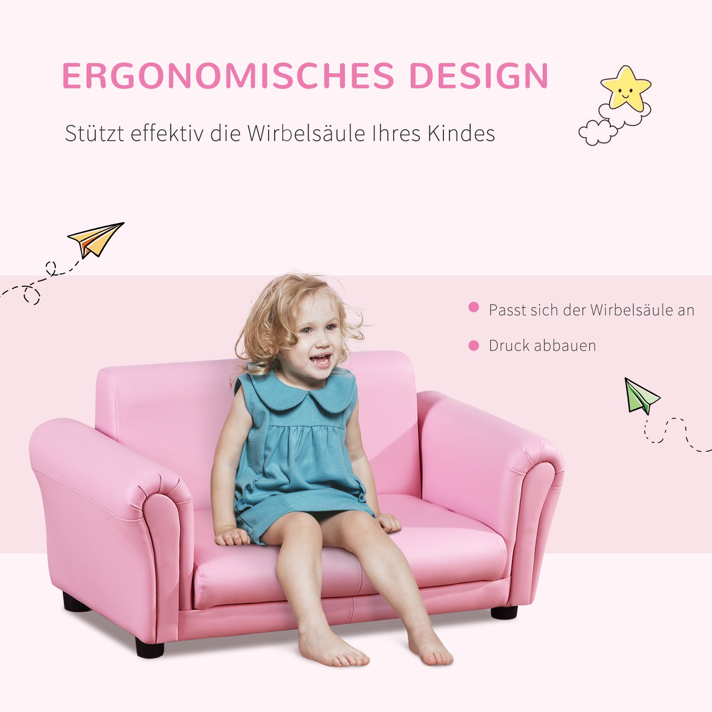 HOMCOM Kindersessel mit Fußhocker, Kindercouch mit Hocker, Kindersofa, Sofa Sessel, Rosa 83 x 42 x 41 cm